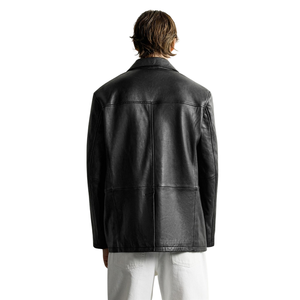 Men's Black Genuine <b>Leather</b> Streetwear <b>Blazer</b> <b>Jacket</b> Notch Lapel Three Button Front Relaxed Fit Premium Custom Fashion Outerwear - Product Image 2