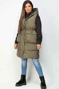 Gilet long matelassé à capuche pour femme, couleur unie, vêtement d'hiver, rembourrage en polyester, fermeture éclair épaisse, poches - Product Image 6