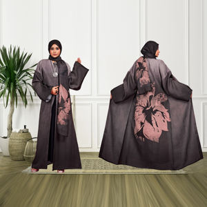 Abaya en lin avec panneau imprimé numérique artistique et foulard assorti – Élégante, modeste, longueur ras du sol, tenue islamique contemporaine pour femme - Product Image 5
