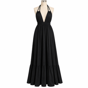 Black <b>Halter</b> Neck Maxi <b>Dress</b> for Women with Plunging V Neck | Sleeveless Flowy Long <b>Dress</b> for <b>Summer</b> Beach Parties and Vacations - Product Image 1