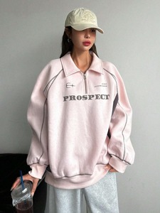 Nouveaux Sweat-shirts amples en coton brodés à demi-zip pour femmes, à manches longues, pour l'hiver, mode, vente en gros, personnalisables OEM - Product Image 5