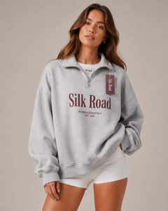 Sweat-shirt gris pour femme Silk Road, col zippé, mélange de coton tricoté, imprimé lettres, col rabattu, style automne - Product Image 6