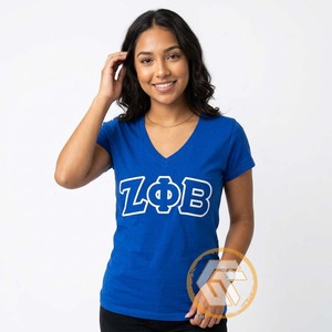 GREEK TREASURES Camiseta informal de manga corta con cuello en V para mujer, de la hermandad Zeta Phi Beta, con logotipo bordado, transpirable, 100% algodón. - Product Image 4