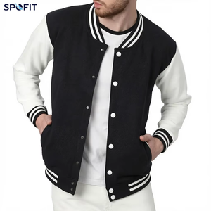 Custom <b>Lightweight</b> <b>Men's</b> Black White Varsity <b>Jacket</b> Casual Regular Fit Turn-down Collar Single Breasted Polyester - Product Image 1