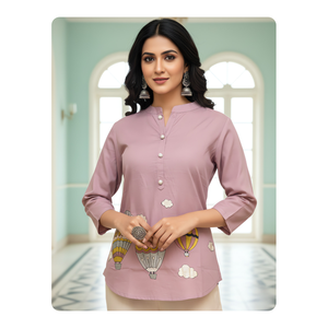 Haut court traditionnel indien en coton de qualité export avec broderie et impression foil pour femme – Vêtement élégant et décontracté pour les fêtes – Vente en gros - Product Image 1