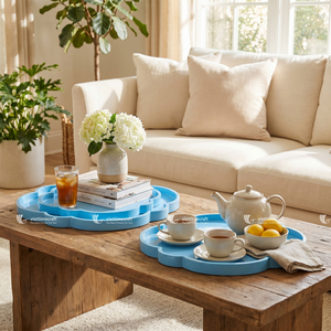 Plateau décoratif multifonctionnel en bois laqué bleu ciel abstrait à bords festonnés pour table basse moderne - Product Image 4