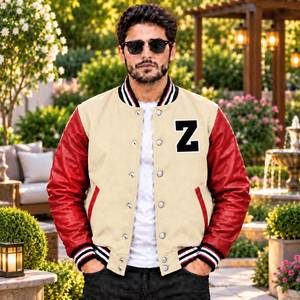 Custom <b>Cream</b> Varsity <b>Jacket</b> for <b>MEN</b> & WOMEN with Optional Chenille Patch Embroidery Letterman <b>Jackets</b>, Wool Red Leather Sleeves - Product Image 1