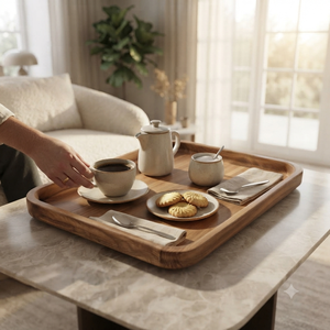 Plateau de service en bois artisanal, grand plateau rectangulaire pour nourriture, café, thé, petit-déjeuner, style rustique, pour la maison, le restaurant, l'hôtel, la table - Product Image 6