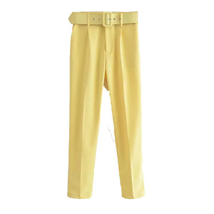 Pantalon décontracté jaune en lin/coton sergé pour homme LAMA INDUSTRIES, taille mi-haute, devant plat, fermeture éclair, coupe droite, léger - Product Image 1