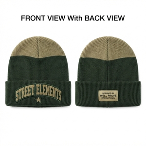 Custom Logo Digital Printing Chenille Patch Knit <b>Beanie</b> 80 GSM Heavyweight Two Tone <b>Green</b> Beige Winter Cuff Skull Unisex - Product Image 1