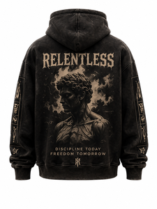 Sudadera con Capucha Negra para Hombre Acidwash Relentless Discipline Over Everything, Estilo Urbano Holgado, Algodón French Terry con Estampado - Product Image 3