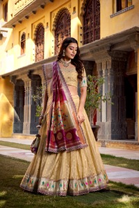 Beautiful Wedding Wear Simmer Organza with Zari Weaving & Lace work Lehenga Choli & Dupatta Set - Product Image 6