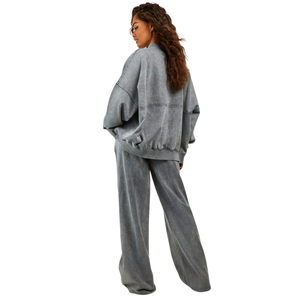 Ensemble de survêtement oversize zippé pour femme, veste décontractée et pantalon large à taille élastique avec poches, tenue décontractée deux pièces pour la détente, vente en gros - Product Image 2