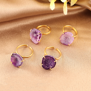 Natural Purple Druzy Agate Raw Gemstone <b>Adjustable</b> <b>Rings</b> Vintage Style Model 18k Gold Plated Brass Women Fashion Jewelry - Product Image 5