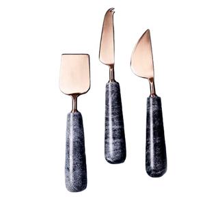 Stainless Steel Rose Gold Cheese <b>Set</b> with Black Resin Handle With Marble Look Royal Handmade Cheese <b>Set</b> for home - Product Image 1
