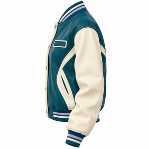 Blouson universitaire en cuir véritable pour femme, vert sarcelle, manches contrastantes crème, col côtelé rayé, boutons-pression, style Letterman, veste bomber - Product Image 4