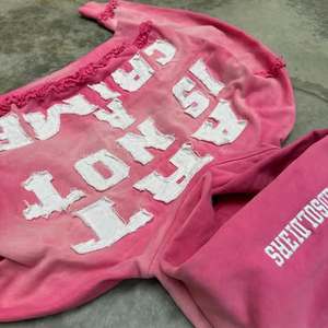 <b>Pink</b> Distressed Cropped Hoodie. Graphic Zip Up Hoodie. Faded Streetwear Hooded <b>Jacket</b>. OEM Private Label Manufacturer - Product Image 2