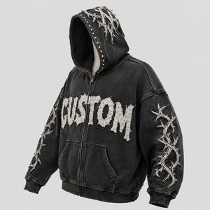 Men’s Vintage Distressed Black Zip-Up Hoodie with Rhinestone Thorn Graphic <b>Gothic</b> Streetwear Sweatshirt, Oversized Casual Hoodie - Product Image 1