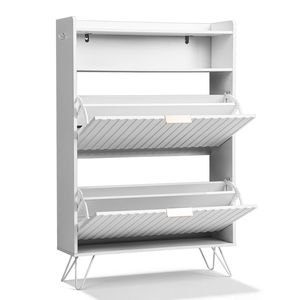 Scarpiera dal Design Moderno con Pannelli Frontali e Laterali a Doghe, Coperchi con Apertura Superiore, Due Scomparti, Due Ganci, Gambe Alte - Product Image 2