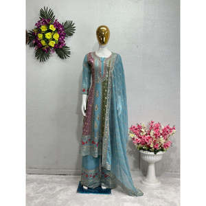 Hermosa ropa y accesorios musulmanes tradicionales Plazzo inferior superior con trabajo de secuencia - Product Image 4