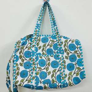 Handmade Quilted Cotton Travel <b>Bag</b> for Women <b>Large</b> Weekender Duffle with Block Print Shoulder Overnight <b>Bag</b> - Product Image 2
