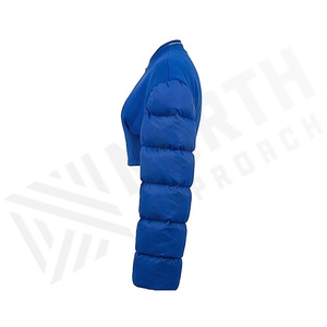 Blue Quilted Jacket With Puff Sleeves Stand Collar Zipper Closure Short Length Winter Wear Full Sleeve Solid Color - Product Image 3