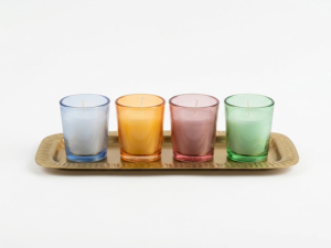 Set of 4 Votive <b>Candles</b> in Colored Glass Holders with Decorative Gold <b>Tray</b> - Product Image 2