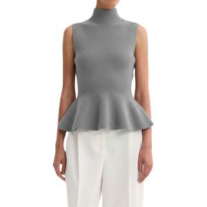 Pull sans manches en maille côtelée beige pour femme, col montant, ourlet peplum, coupe ajustée - Product Image 4