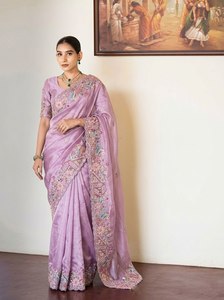 Premium <b>Tissue</b> Organza Saree Heavy Floral Embroidery | Winter Designer Indian <b>Wedding</b> Party Wear Saree Blouse Stretchable - Product Image 6