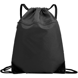 Unisex Black Drawstring Gym <b>Backpack</b> Zipper Pocket Lightweight Nylon Casual Fitness Bag 30-40L Adjustable <b>Strap</b> Waterproof - Product Image 4