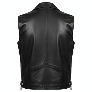 Gilet de motard en cuir véritable pour homme, noir, fermeture éclair sur le devant avec panneaux latéraux perforés, vente en gros OEM de gilets et de vestes - Product Image 2