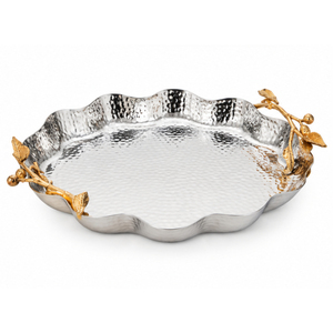 Plateau de service en acier inoxydable martelé avec poignées décoratives en forme de branche dorée, élégant plateau à café en métal pour une décoration intérieure haut de gamme - Product Image 1