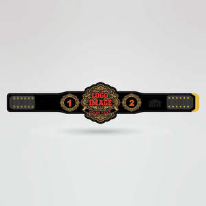 Ceinture de champion en cuir avec logo doré orné, texte rouge, cadre décoratif et plaques latérales personnalisables sur quatre côtés - Product Image 1