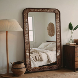 Oversized rectangular leaning floor <b>mirror</b> encased in a thick fluted walnut wood frame, available at wholesale prices. - Product Image 2