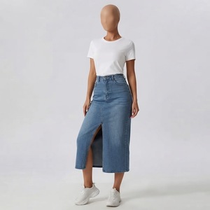 Jupe longue en jean à fente avant pour femme, style streetwear, vente en gros - Product Image 1