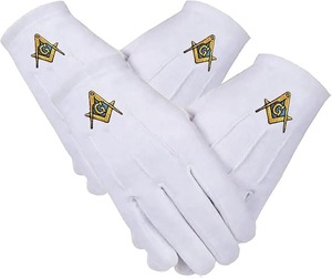 Guantes Masónicos de Algodón Blanco Bordados con el Compás y el Escuadra de la Logia Azul (2 Pares) Origen Importado - Product Image 1