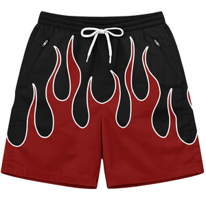 กางเกงขาสั้นผ้าโพลีเอสเตอร์ตาข่ายพรีเมียม 160 GSM สีน้ำเงินชมพู ลายพิมพ์เปลวไฟแบบ Sublimation ดีไซน์แผงต่อผ้า พร้อมโลโก้สั่งทำพิเศษ ทรงสปอร์ต - Product Image 3