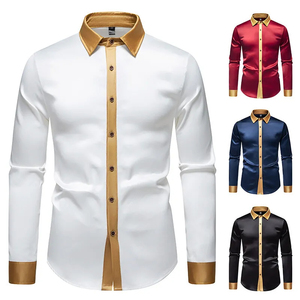 Chemise habillée en satin rouge et or pour homme, à manches longues, col rabattu, tenue formelle, infroissable - Product Image 2