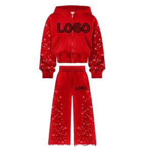 <b>Red</b> Women's Hooded Tracksuit Set <b>Glitter</b> Print Logo Full Sleeve Loose Fit Winter Streetwear Sweatshirt Pants Zipper Closure - Product Image 1