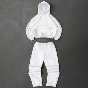 Ensemble de survêtement unisexe blanc à capuche, sweat-shirt et pantalon de jogging de couleur unie avec poches latérales, coupe décontractée ample - Product Image 6