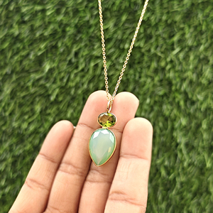 Double gemstone necklace green opalite & peridot quartz briolette pendant 18k gold plated brass <b>cable</b> chain jewelry for Supplies - Product Image 2