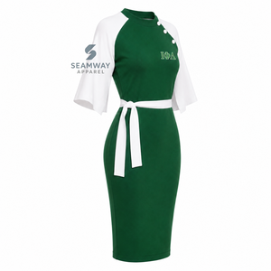 Iota Phi Lambda Women's Green And <b>White</b> Contrast Color Block Bodycon Midi Dress <b>Cape</b> Sleeve Button Detail Waist Tie Fitted Dress - Product Image 2