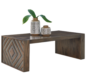 Table basse de salon attrayante avec pieds en bois à motif diamant moderne et plateau carré en bois de manguier massif, finition noyer chaud - Product Image 1