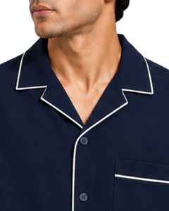 Chemise Homme Personnalisée Bleu Marine à Col Cubain avec Passepoil Blanc, Manches Courtes Décontractées, Style Oversize Streetwear Tendance pour l'Été - Product Image 5