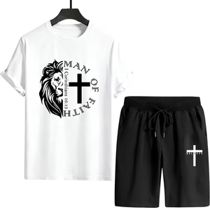 ชุดเสื้อยืดผู้ชาย 2 ชิ้น ผ้าถักโพลีเอสเตอร์/คอตตอน ทรงเข้ารูป สไตล์ลำลอง สำหรับฤดูร้อน คอกลม พิมพ์ลายดิจิทัล น้ำหนัก 220-240 กรัม รับสั่งทำ - Product Image 1