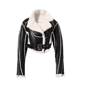 Blouson moto en cuir et peau lainée pour femme avec ceinture, col montant, chaud pour l'hiver, manches longues, style court - Product Image 3