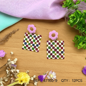 Orecchini quadrati dipinti con ciondoli a forma di fiore, motivo colorato, 12 pezzi, gioielli alla moda per donna, accessori - Product Image 2