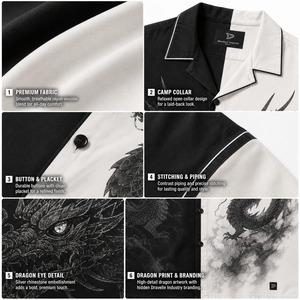 Chemise de bowling personnalisée avec motif dragon Y2K pour homme, noire et blanche, coupe oversize, col camp, streetwear, boutonnée, vente en gros - Product Image 6