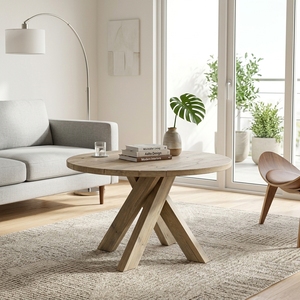 Modern Round Solid Wood Coffee <b>Table</b> Elegant Crossed X Base <b>Wooden</b> Accent <b>Table</b> For <b>Rustic</b> Living Room Setup Art Design Pure Art - Product Image 4