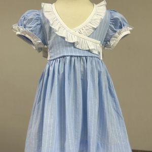 Robe en coton à rayures bleues pour bébé fille avec col à volants |   Robe de boutique à manches bouffantes |   Robe d'été pour tout-petits, vente en gros OEM - Product Image 1